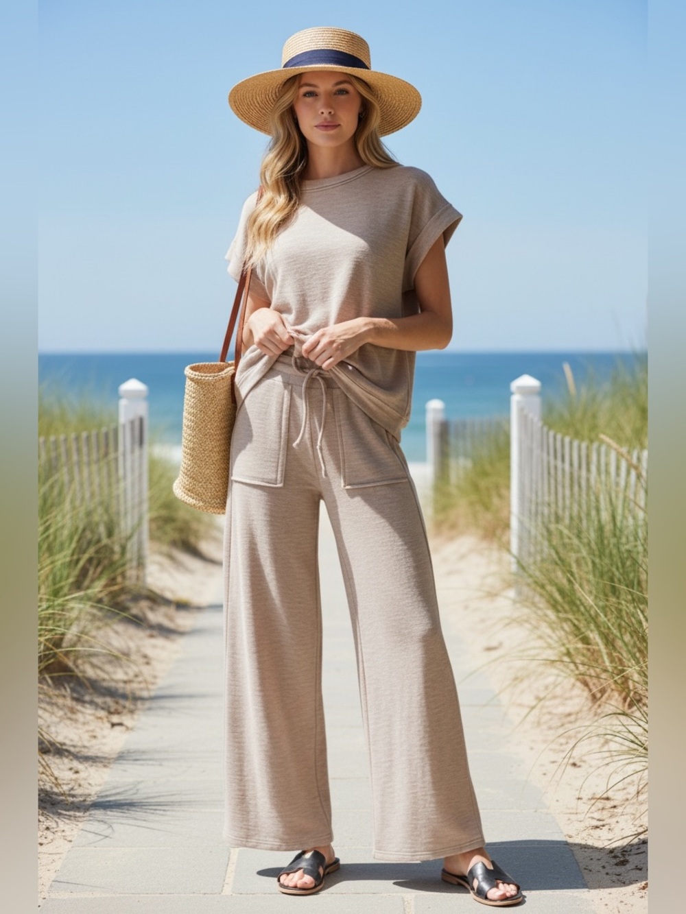 Zenana| Soft Knit Lounge Set | Wide Leg Pants & Relaxed Tee | Taupe Matching Set